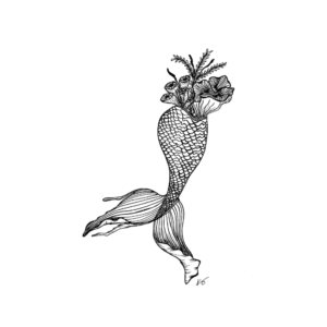 Art print for home decor of a black and white abstract line drawing of an image of a mermaid tail with seashells and foliage growing out of the top of it